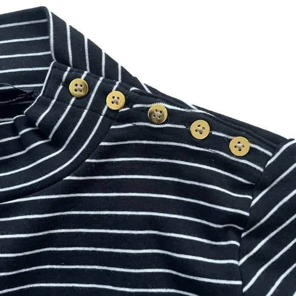 J. Crew Black Striped Gold Button Mock Neck Long Sleeve Top, S - Picture 8 of 12